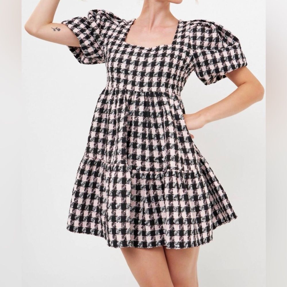 English Factory - Genevieve Tweed Puff Sleeve Mini Dress